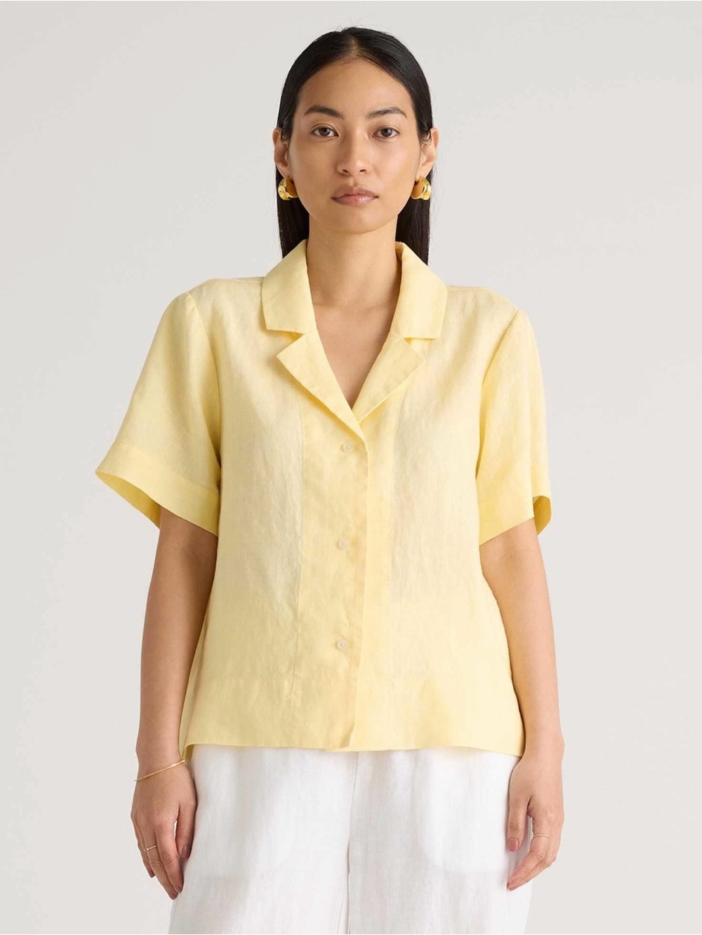 Quince Pale Yellow Short-Sleeve Button-Front Linen Top Medium Shirt